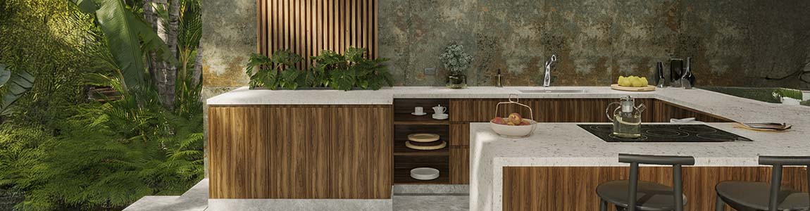 Cocina con elementos orgánicos, plantas y muebles naturales