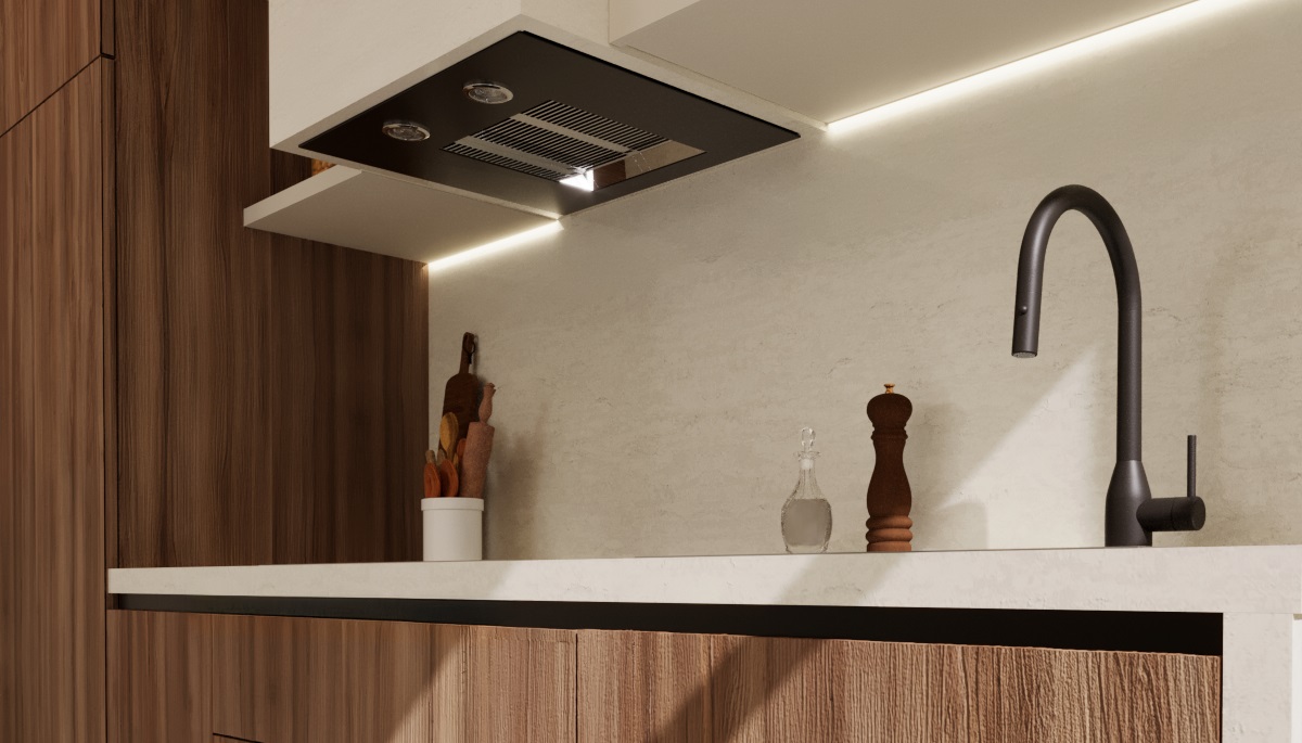 Cocina de diseño fresco para el verano, con colores claros y acabados naturales